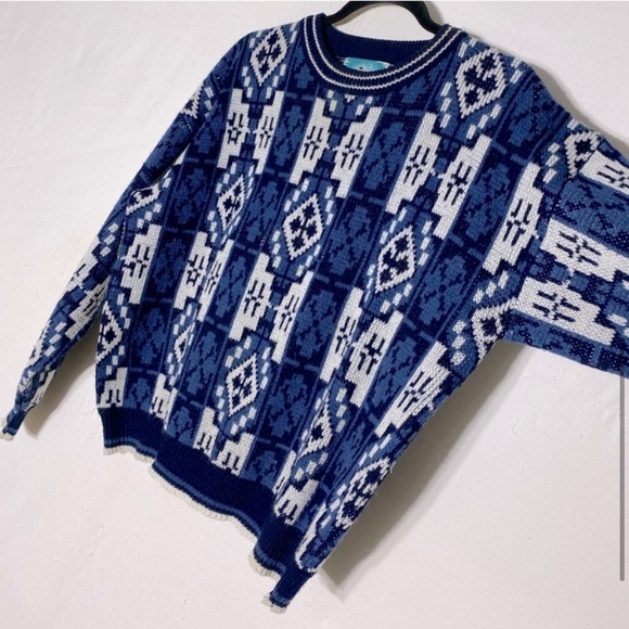 Vintage Botany 500 Blue White Jacquard Crew Neck 80s 90s Dad Sweater L - Picture 6 of 12